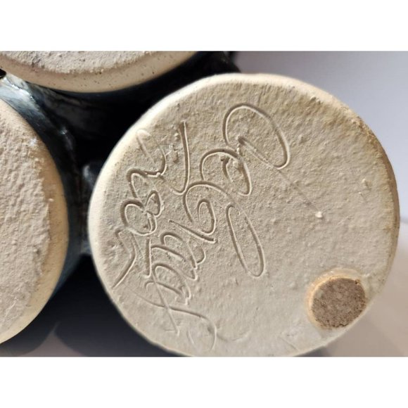 Tall Tri-Cylinder Heavily Glazed Green Blues Vases Adjoined Together Twi-ware Si - Picture 8 of 8